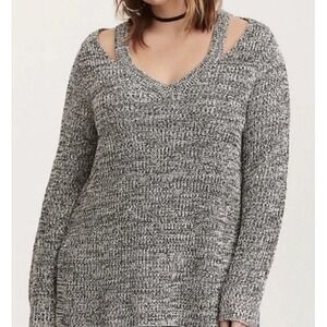 Torrid Grey Marled Cold Shoulder V-Neck Knit Sweater Tunic Plus Size 2 2X